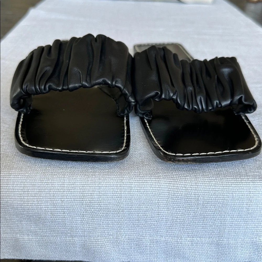 STAUD Black Nina Ruched Slide Slip On Leather Sandal Made in Portugal, Size 9
